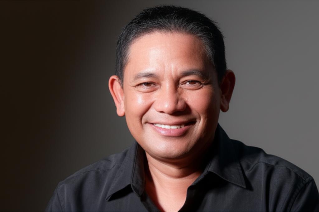 realistic photo of a middle-aged Indonesian man smiling confidently, looking healthy and happy