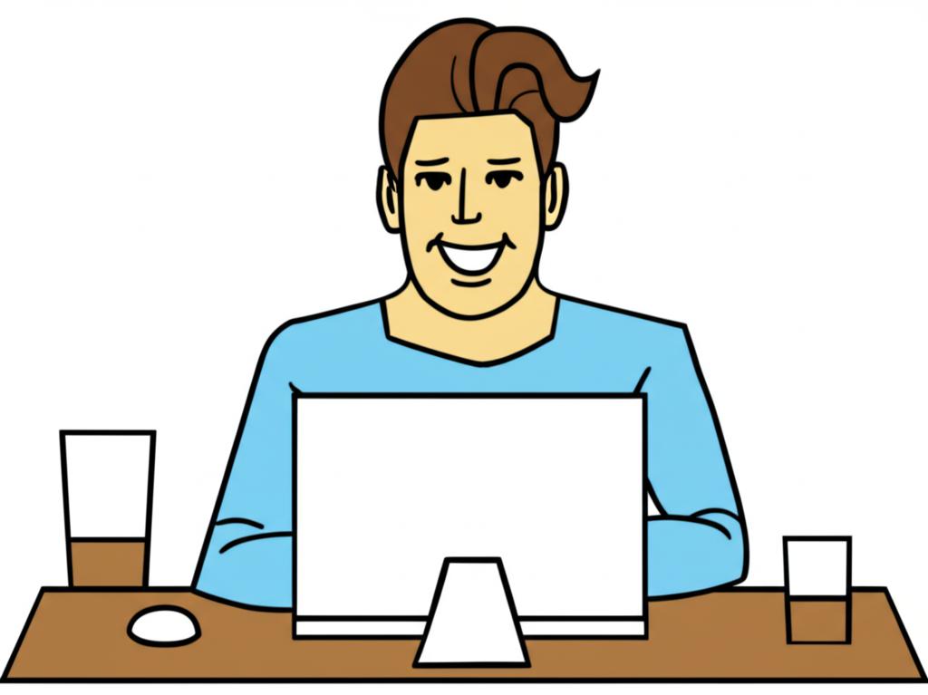 Illustration of a man smiling and productive at his desk, looking healthy and energetic.