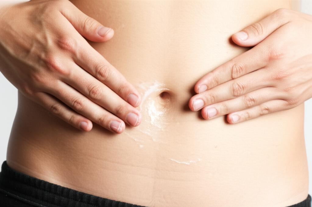 man applying cream to lower abdomen area