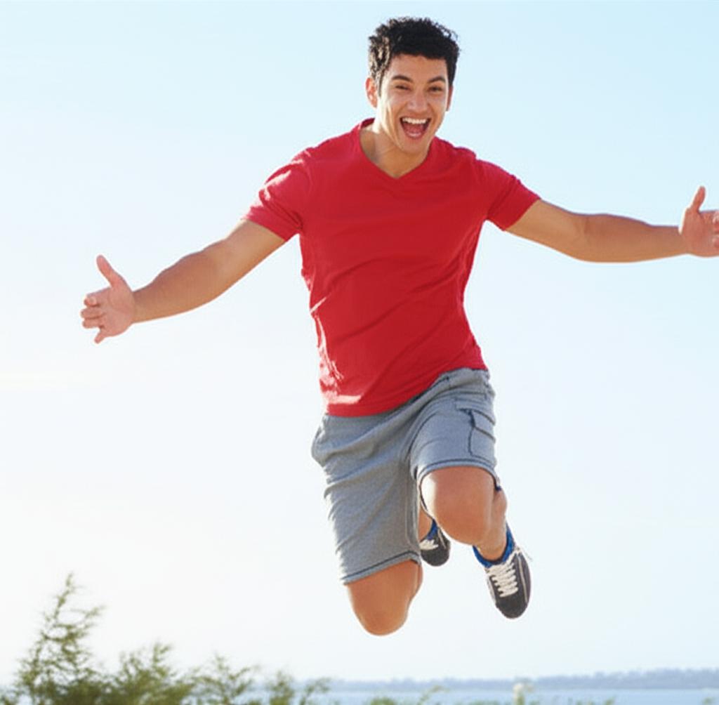 Man looking energetic and happy, jumping or running outdoors, bright daylight, dynamic pose, realistic photo