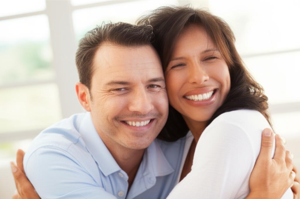 A man looking revitalized and happy, smiling and hugging his wife affectionately. Focus on restored intimacy and energy.