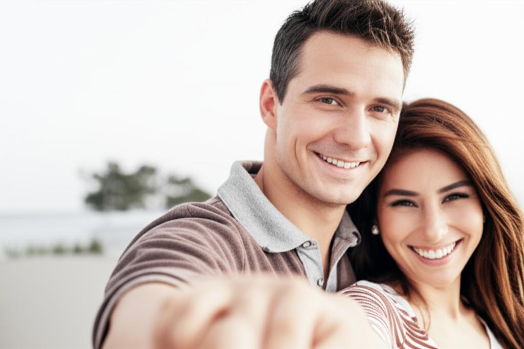 Man smiling confidently while holding hands with his happy partner