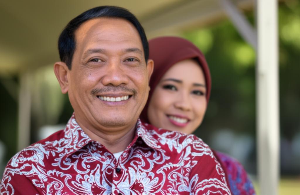 Indonesian middle-aged man smiling confidently, energetic, perhaps with partner, looking healthy