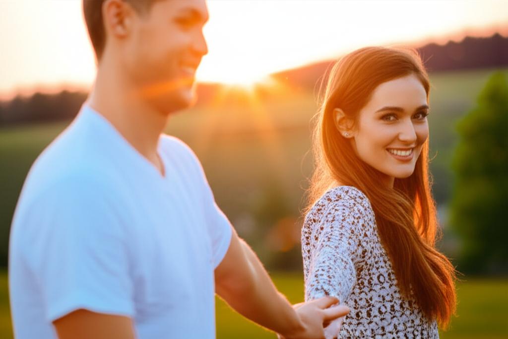 happy couple holding hands and smiling, enjoying a sunset