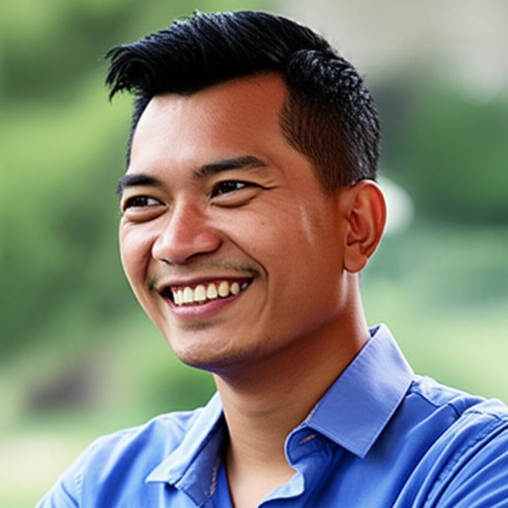 confident Indonesian man smiling, looking healthy and energetic, realistic photo