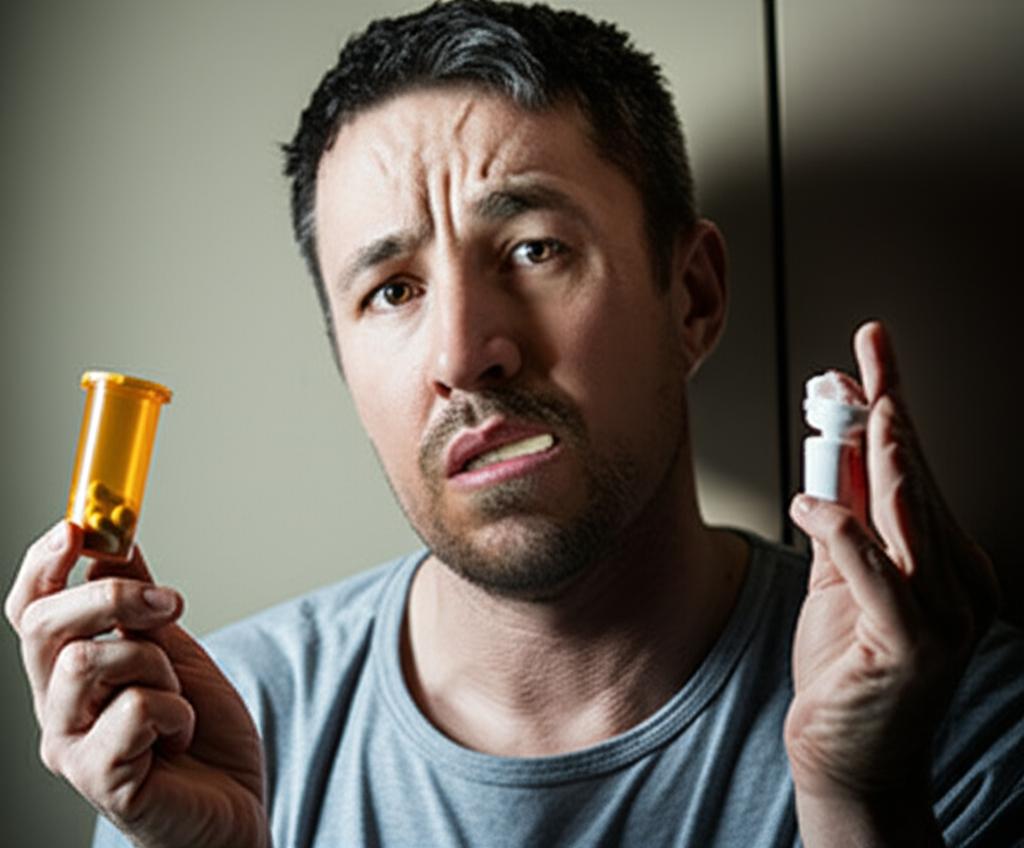 man looking tired and frustrated, holding a pill bottle, indoor setting, realistic style