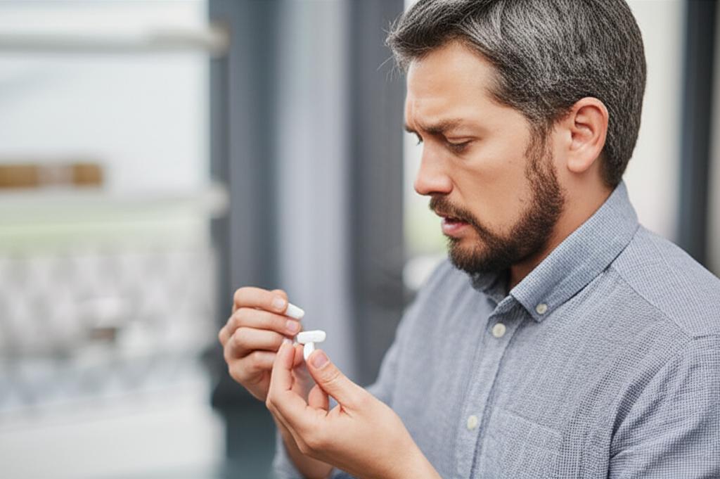 man feeling dizzy and tired after taking medication, looking frustrated, indoor setting, realistic style