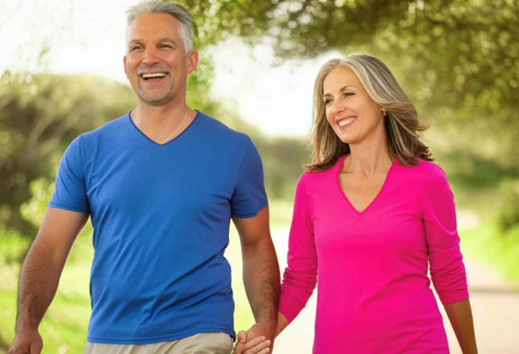 happy middle aged couple walking hand in hand