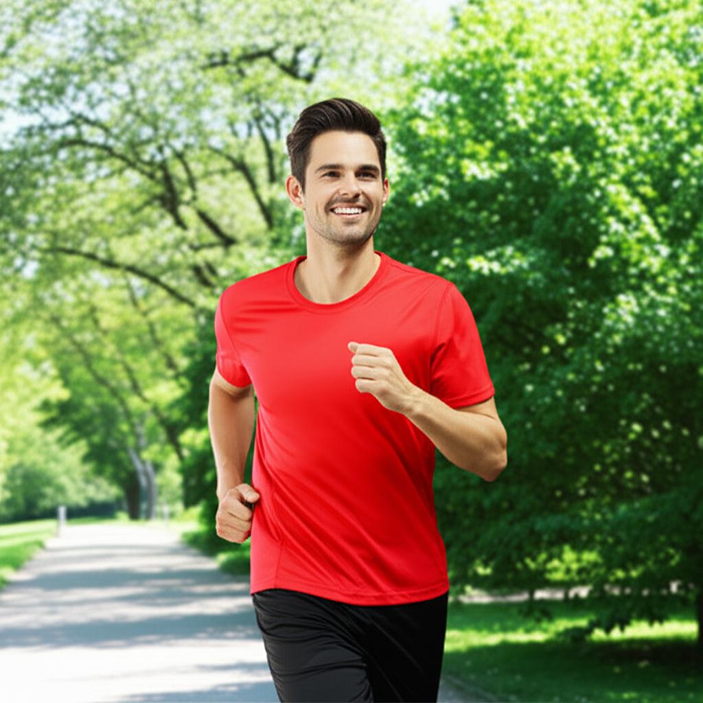same man from previous image, now looking energetic and confident, doing a healthy activity like jogging or stretching, outdoor setting, realistic style