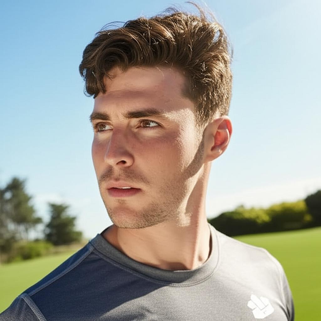 man looking energetic and confident, doing light exercise outdoors, sunny day, realistic style